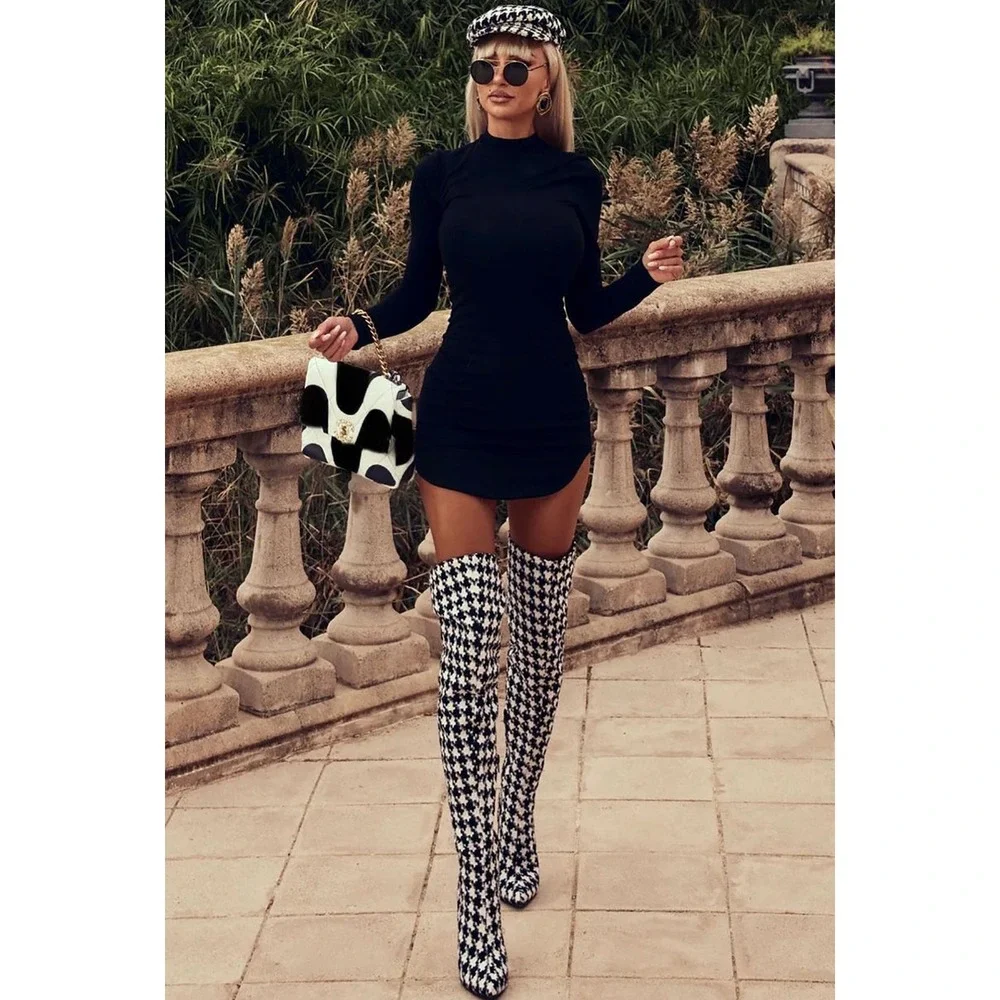 Brown White Houndstooth Thigh High Boots Stiletto Chic Statement See Last 2 Pics
